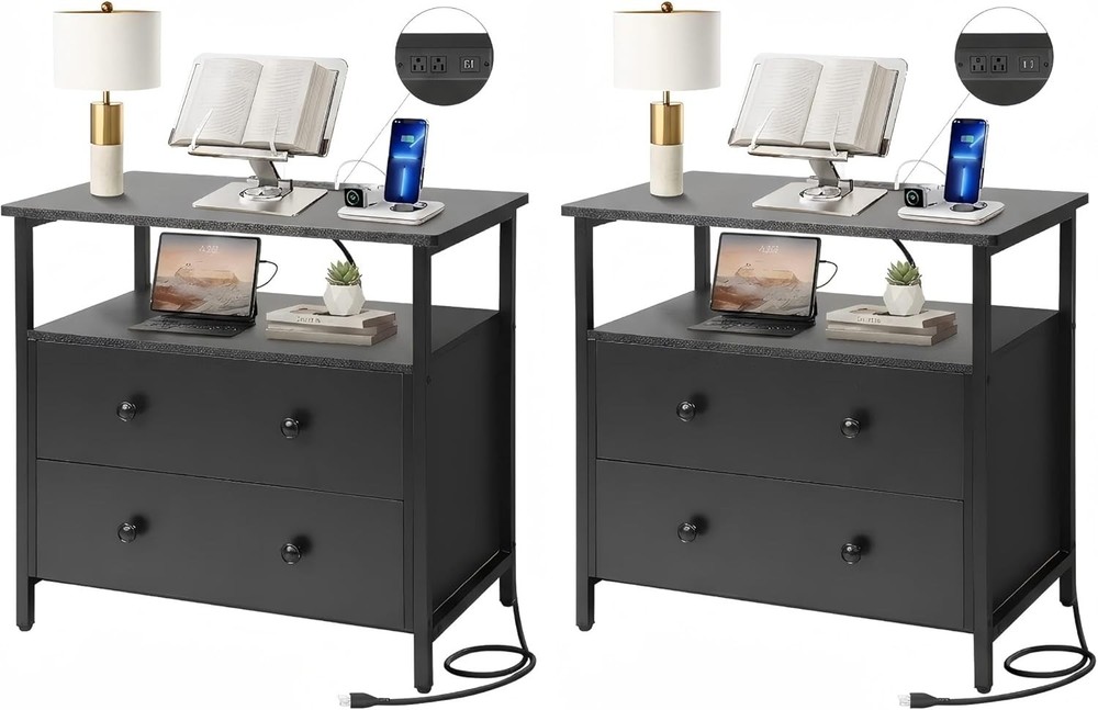 27 inch Wide Night Stand Set 2 with Charging Stat, Bedside Table with