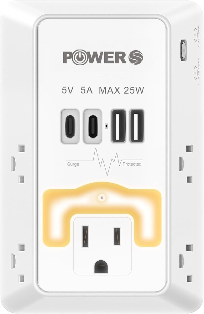 2 Pack Multi Plug Wall Outlet with USB Ports and Night Light