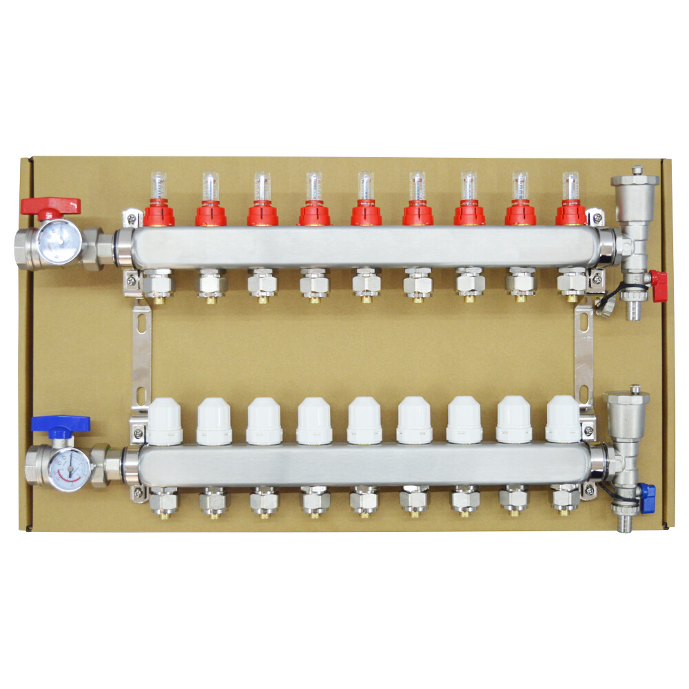 9 Branch PEX Radiant Floor Heating Manifold Set for 1/2” PEX