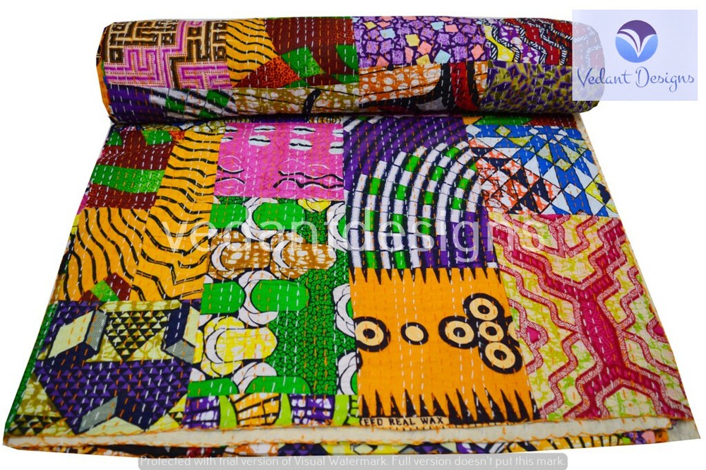 Handmade Patchwork Kantha Embroidery Queen Blanket Throw Indian Bedspread