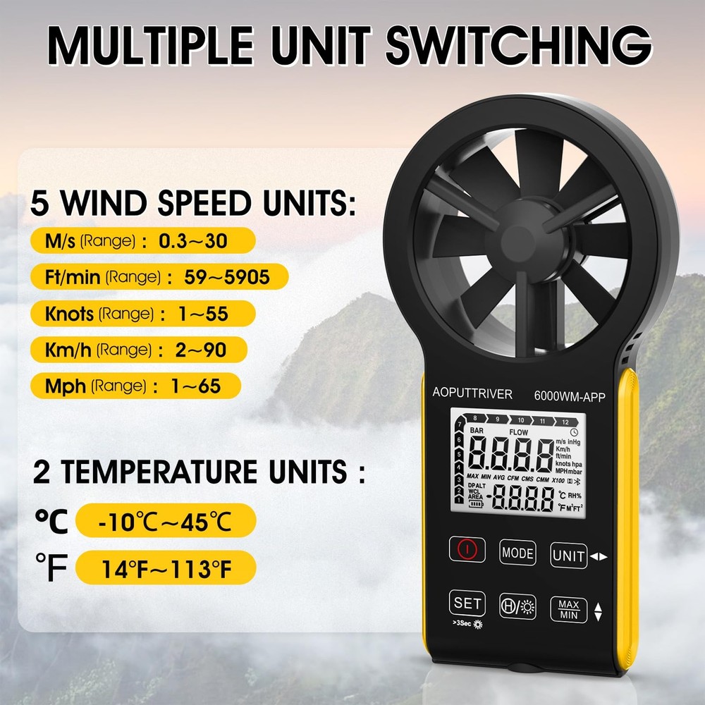 6000WMAPP Handheld Anemometer Digital Anemometer, CFM Anemometer with Temper...