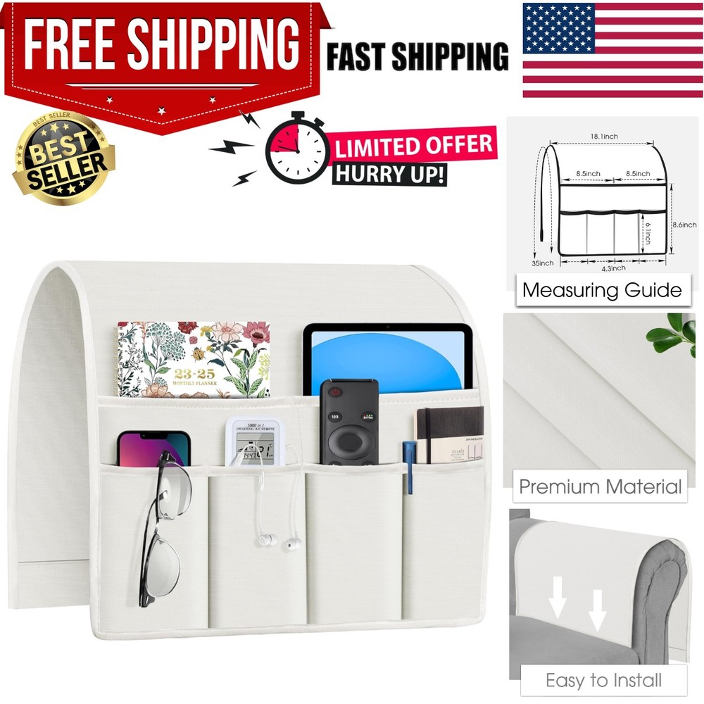 Adjustable 6-Pocket Sofa Armrest Organizer - Ivory Fabric Caddy for Essentials