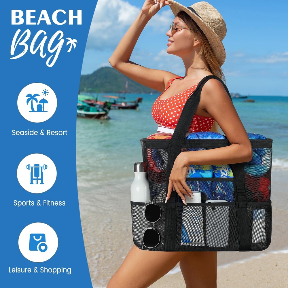 Ymomode Beach Bag - Mesh Large 8 Pockets, Tote Large, Black