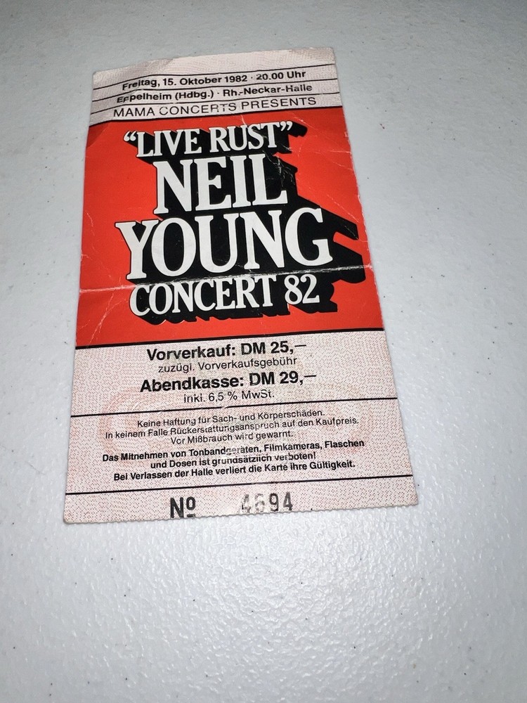 1982 Neil Young Live Rust Germany Concert Ticket Stub Never Sleeps October