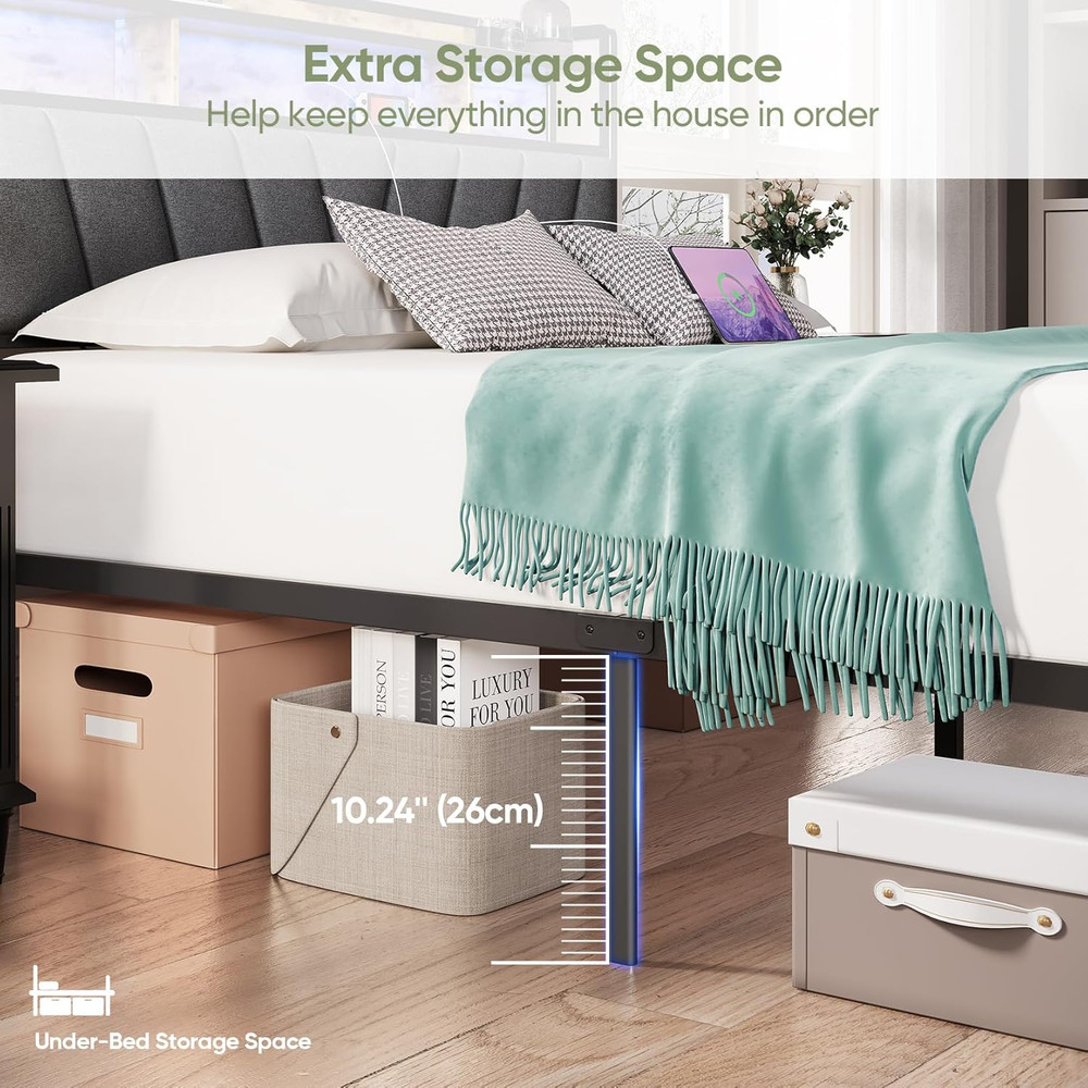 Queen Bed Frames with Headboard, LED Lights Queen Size Bed Frame with Charging S