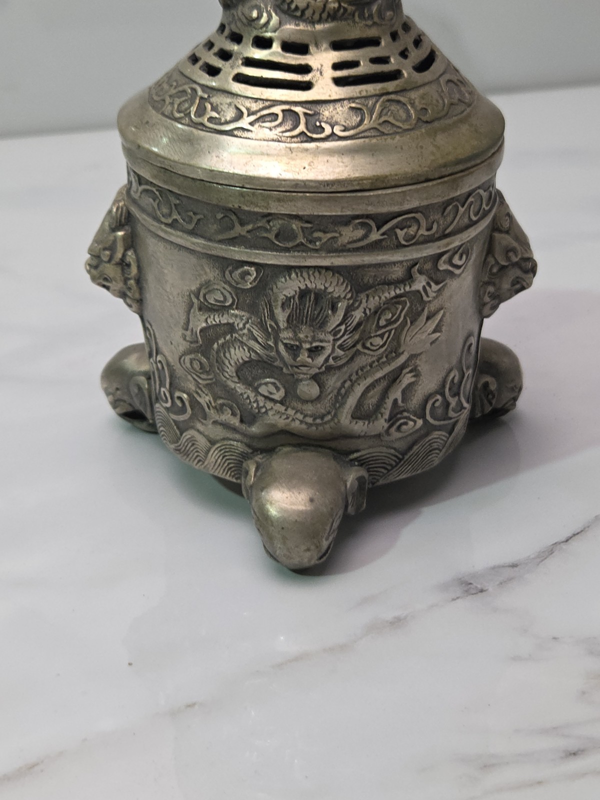 6" Qianlong Marked Copper Silver Dragon Beast Pattern Incense Burner Censer VTG