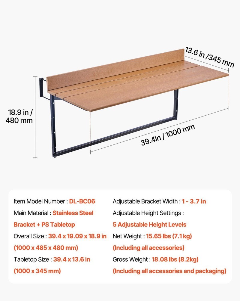 Rust-Resistant Balcony Table 15x39in 5-Setting Adjustable Foldable 50lb Support