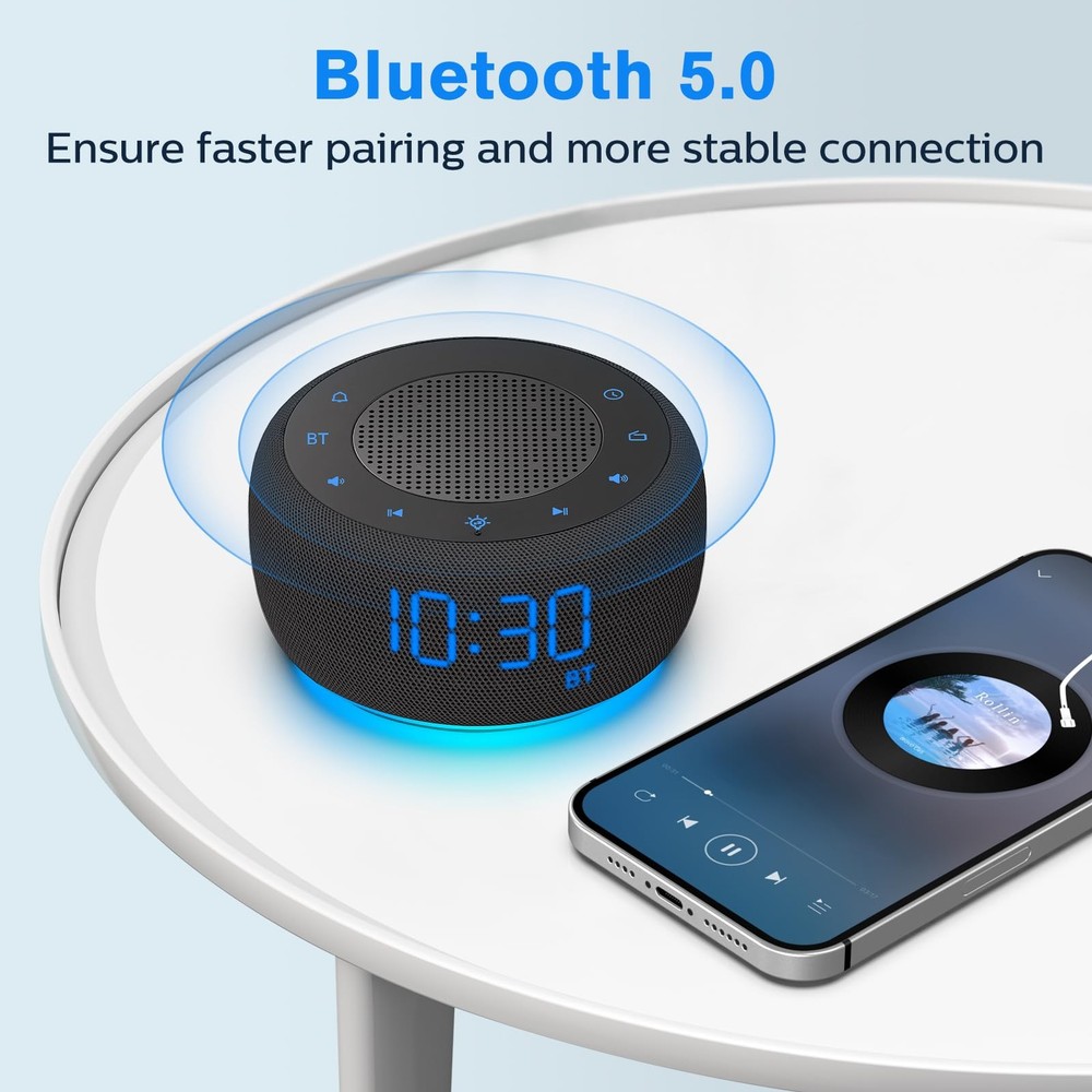 Plug in Alarm Clock, Bluetooth, FM Radio, Full Range Dimmer, Black