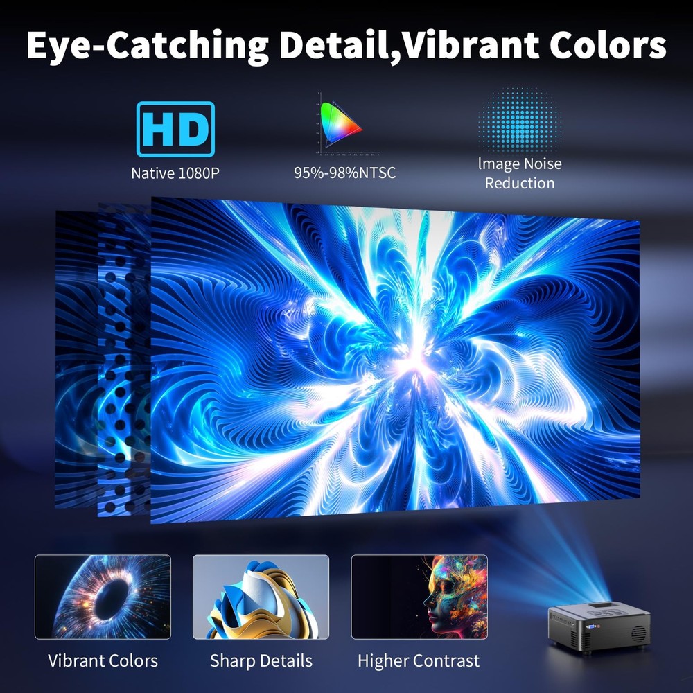 Projector with WIFI and Bluetooth, Native 1080P Bluetooth Small, Black Pro