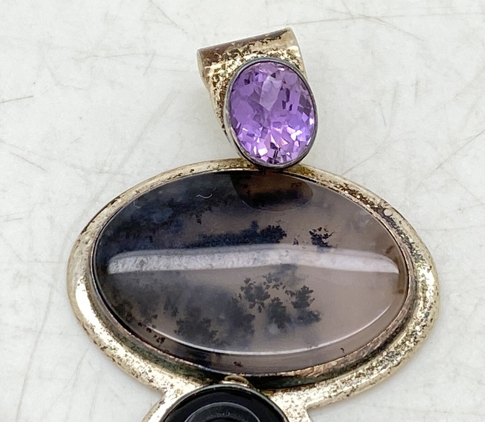 Sterling Silver Signed Michael Multi Stone Pendant 2.5” 17.4g