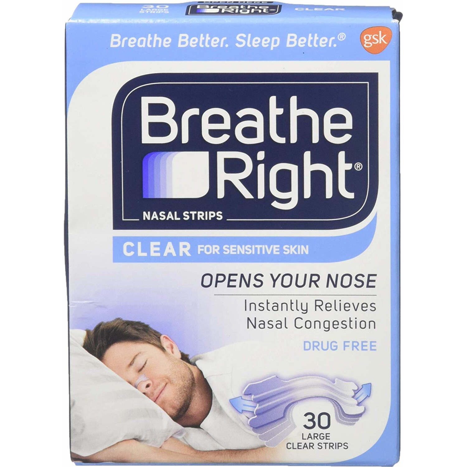 6 Pack Breathe Right Nasal Strips For Sensitive Skin - 30 Large Clear Strips Ea