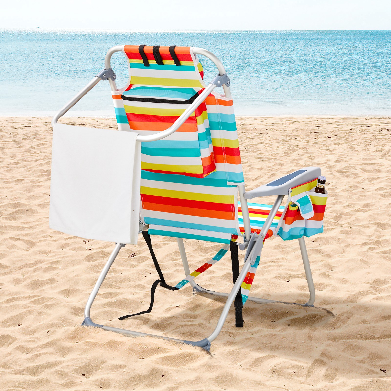 Backpack Beach Camping Chair Folding Heavy Duty, Aluminum, Cup Holder Multicolor