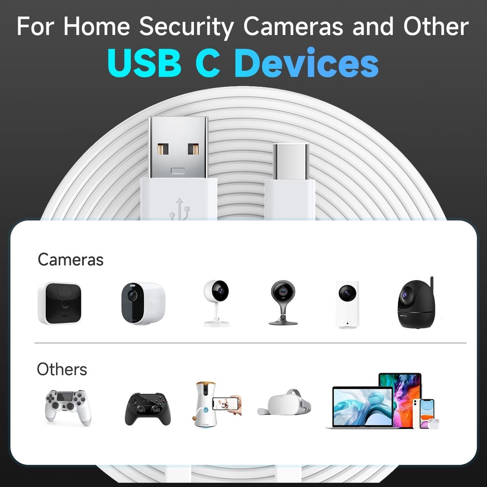 10FT/3M Flat Power Extension Cable for USB C Enabled Home Security Cameras or...