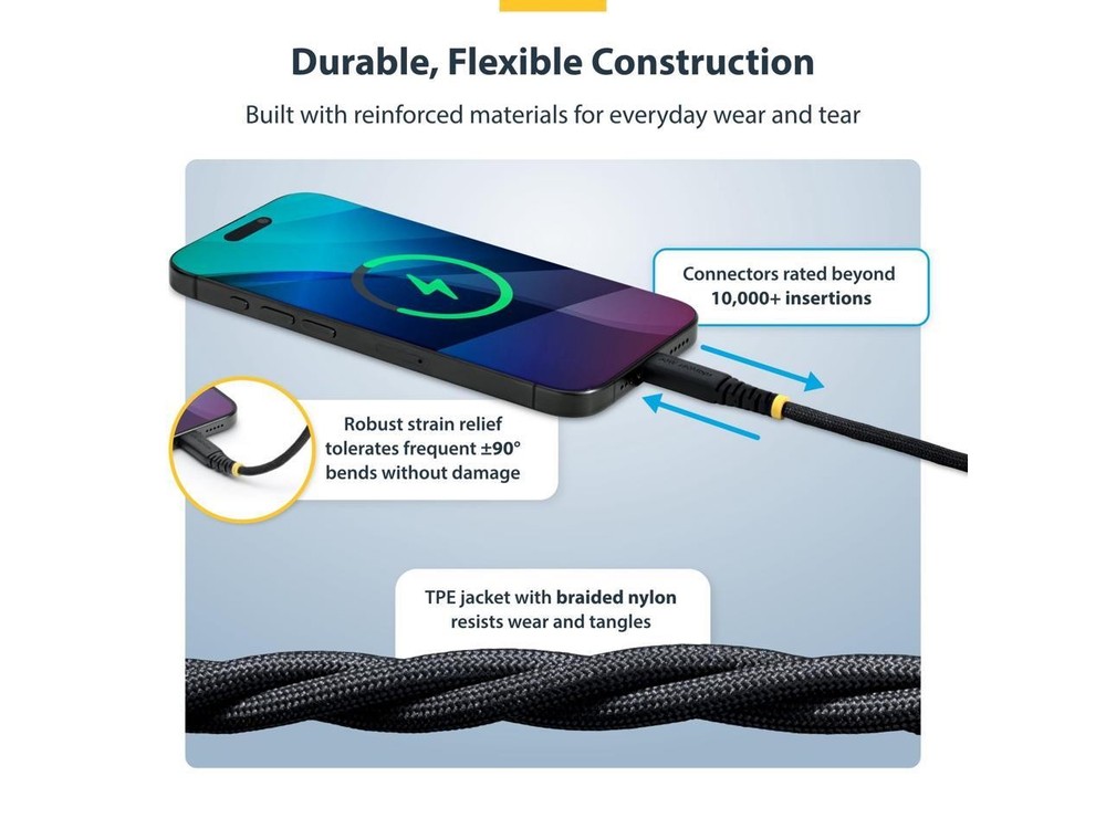 StarTech.com 10ft (3m) USB-C Charging Cable, 60W (3A) PD, Dual-Layer Braided Nyl