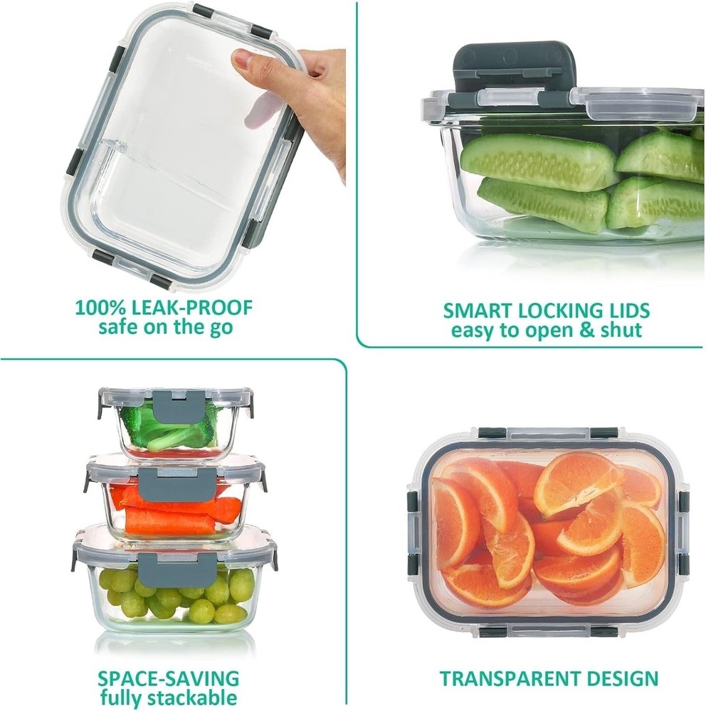 24 Pieces Glass Food Storage Containers Set,Meal Prep Containers-Stackable New
