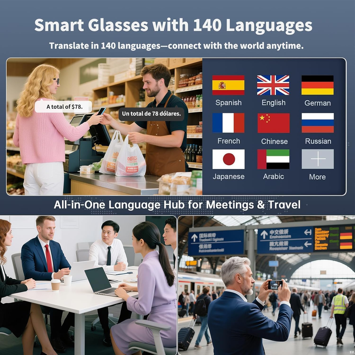 Smart Glasses AI Bluetooth Glasses 144+ Translation for Men & Woman Work Travel