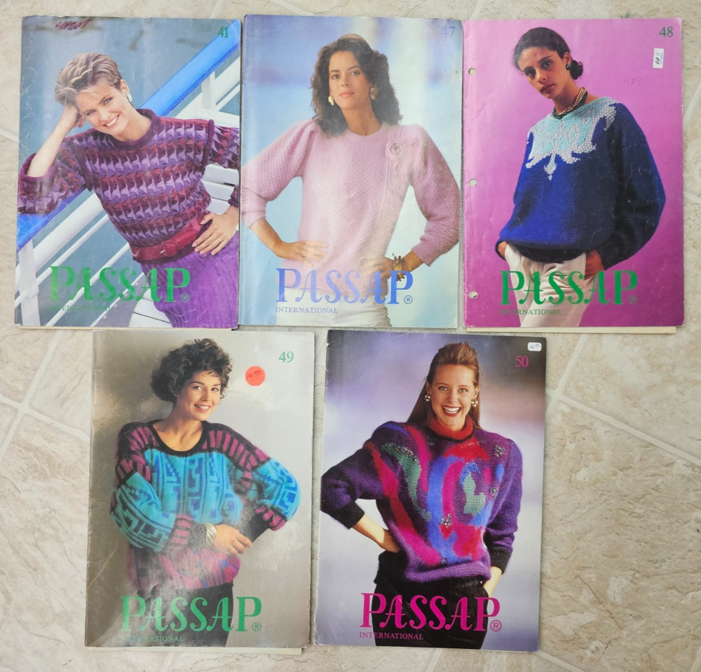 (5) Passap DM80 E6000 Knitting Machine Patterns Magazines #41,47-50