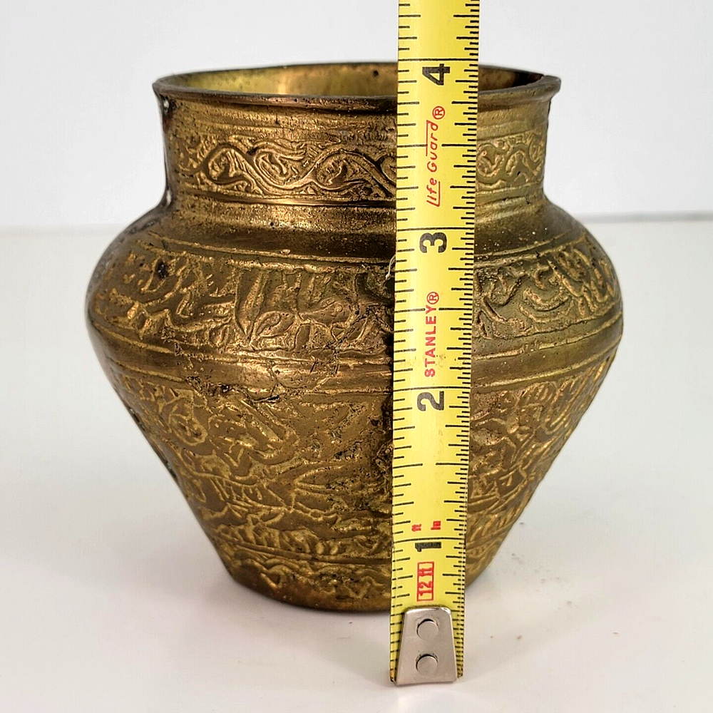 Antique Handmade Hand Tooled Engraved Solid Brass Middle Eastern Pot Bucket Vase