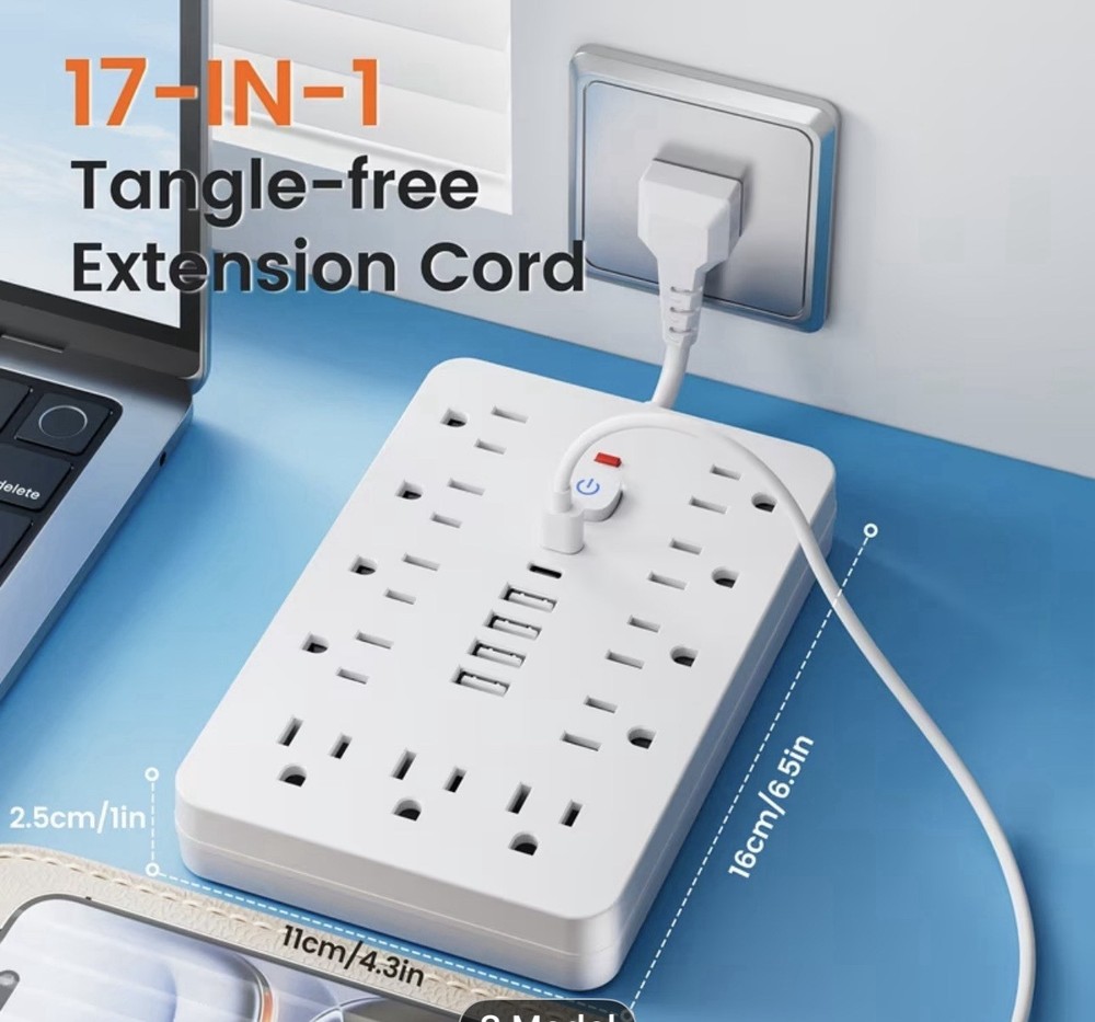 10Ft Extension Cord with Multiple Outlets, Flat Plug Surge Protector Power Strip