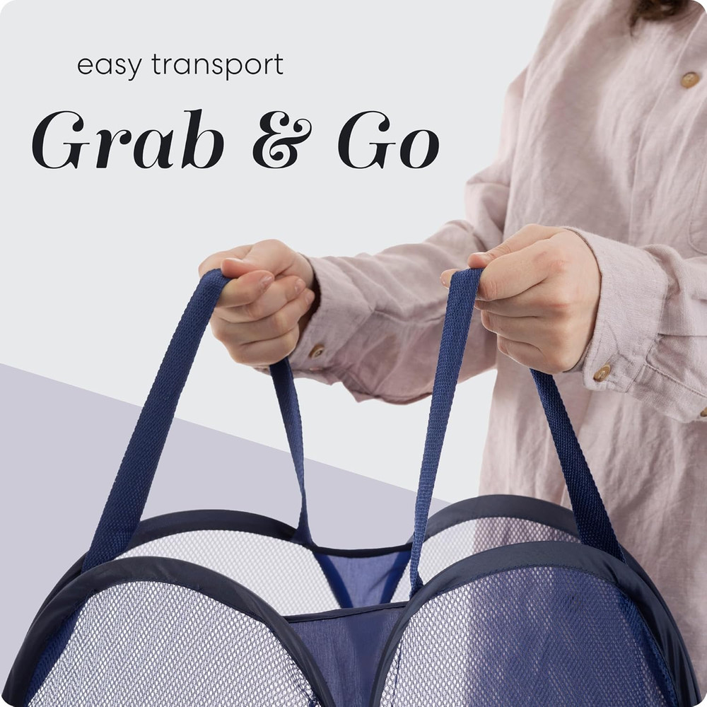 2 Pack Pop Up Laundry Hamper – Foldable Mesh Basket with Pocket, Blue, Portable