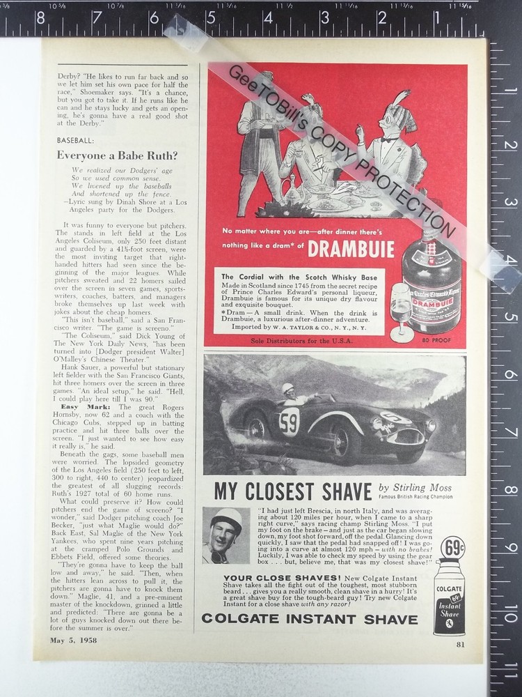 1958 ADVERTISING for Drambuie & Colgate Instant Shave Stirling Moss MG 59