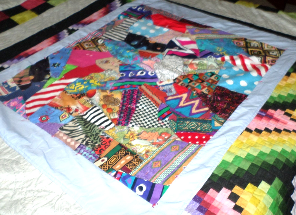 1970's Machine Quilted Bright Multi-Colored Patchwork CRAZY Quilt 46x39mm Mint