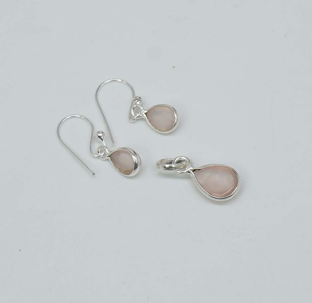 925 Solid Sterling Silver Pink Rose Quartz Hook Earring Pendant Set