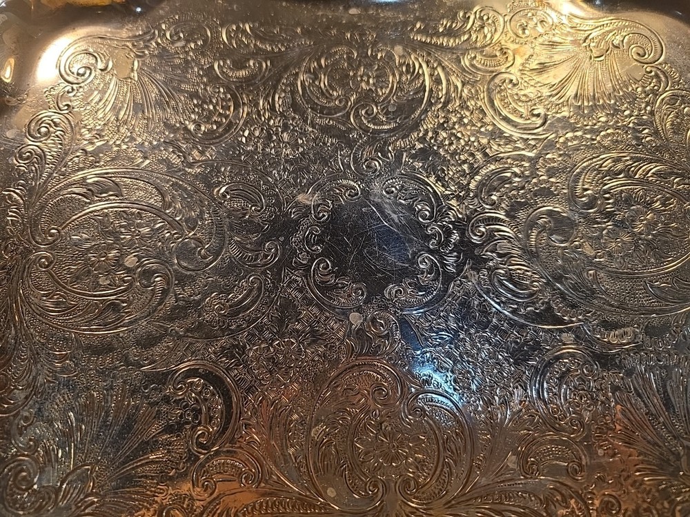 FB Rogers Silver on Copper Rectangle Footed Serving Tray Platter #6720 11x14