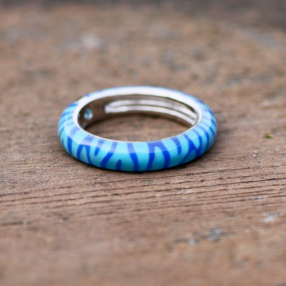Handmade Blue Jungle Pattern Enamel Blue Topaz Ring Sterling Silver 925