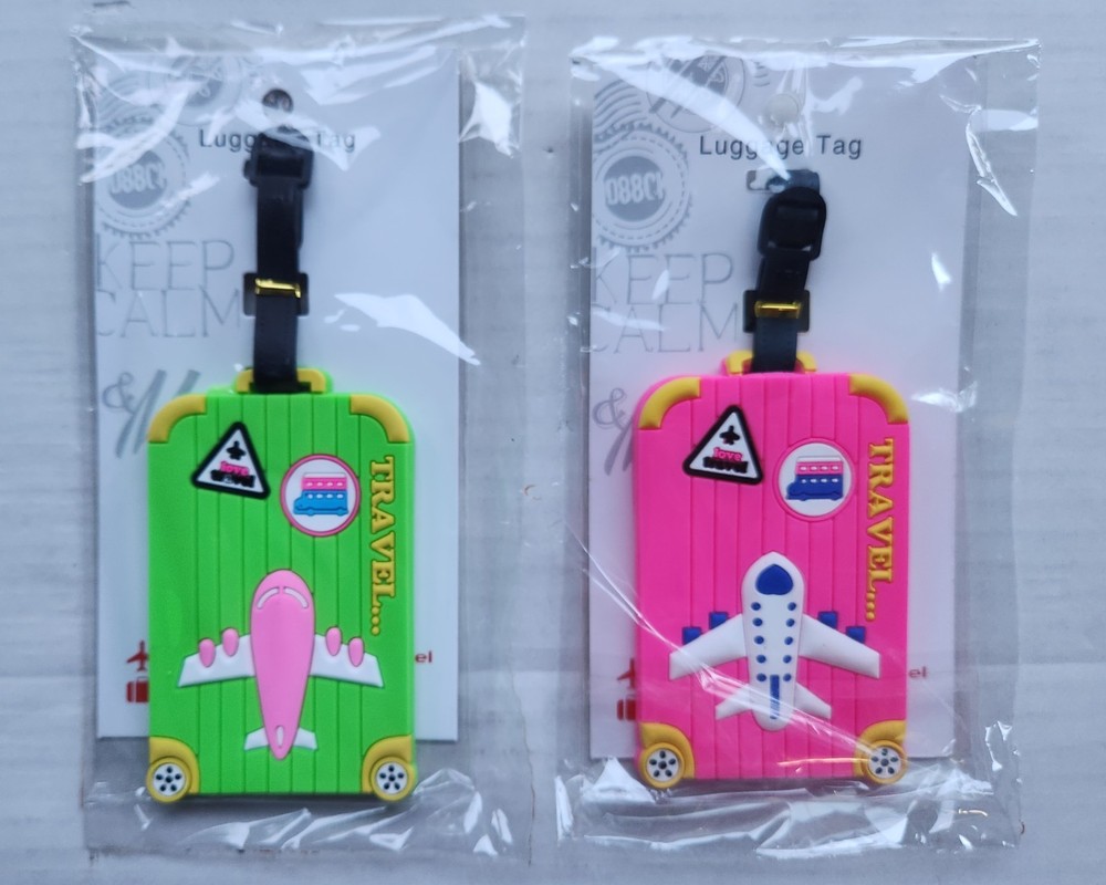 2 Pack Travel Luggage Tags - Includes ID Insert - Adjustable strap - Neon Pink