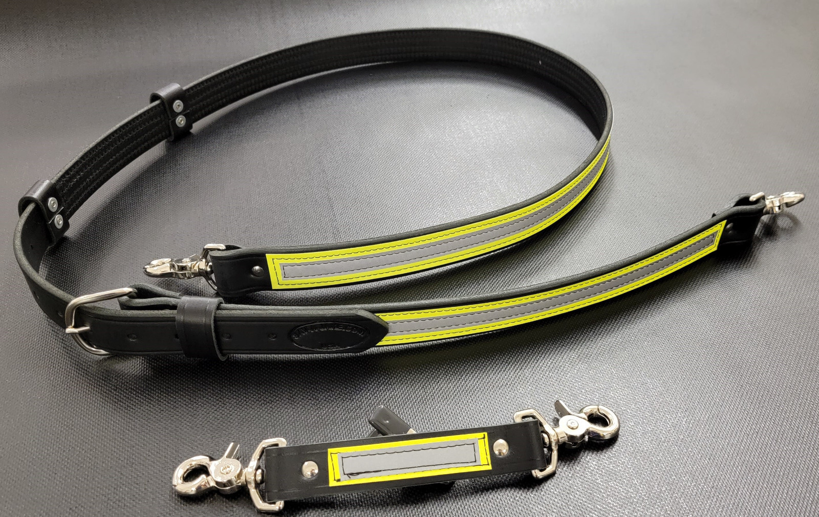 Firefighter Yellow/Silver Reflective Leather Radio Strap Set - Regular Length
