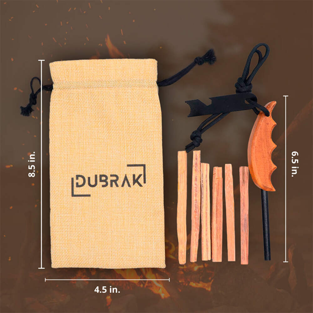 Dubrak Wood Handle Ferro Rod Fire Starter Flint + Fatwood + Burlap Bag