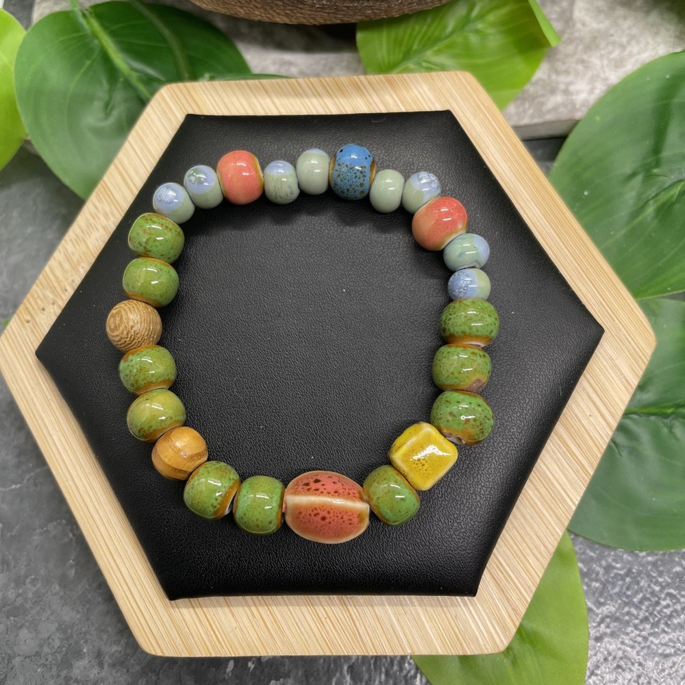 Handmade Ceramic Bead Beaded Stackable 6” Plus Stretch Bracelet New B28
