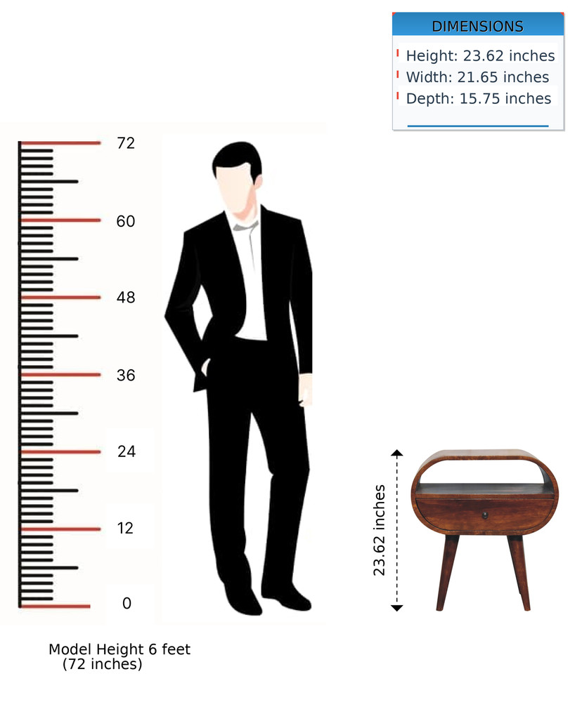 Solid Wood Large Circular Bedside, 1-Drawer, 1 Open Slot, Chestnut, Brown