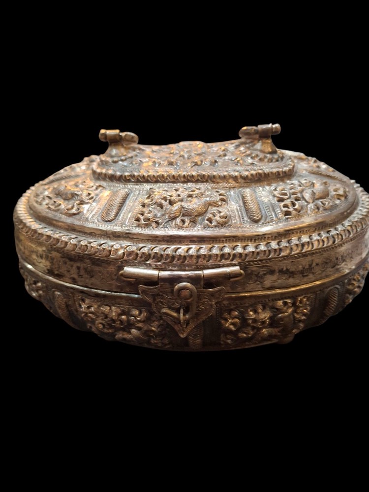 Antique Burmese Silver Tone "Thabeik" Locking Casket Hinged Container Marked...