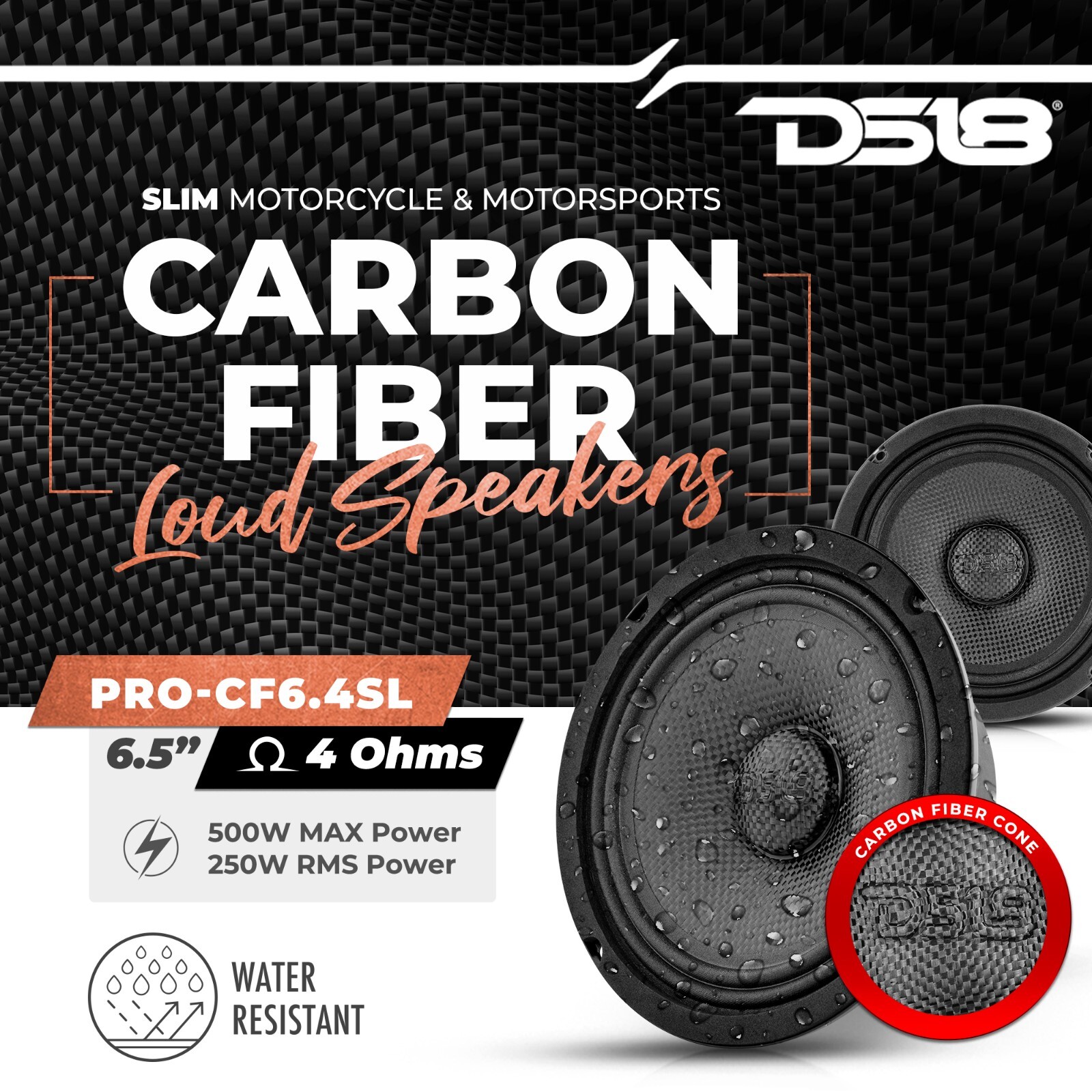 DS18 PRO-CF6.4SL 6.5" Slim Motorcycle Speaker 250W Carbon Fiber Water Resistant