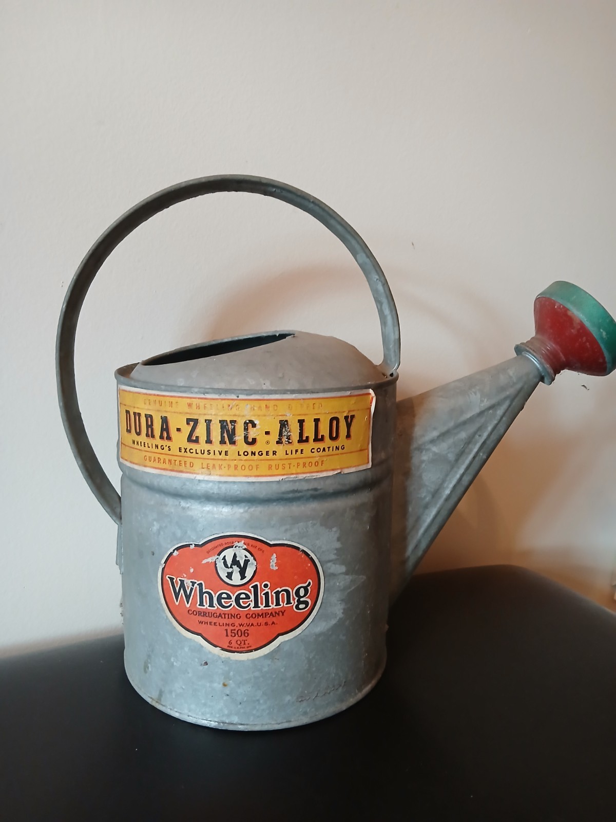 Vintage Wheeling  6 Qt Galvanized Watering Can Metal Sprinkler Head Paper Label