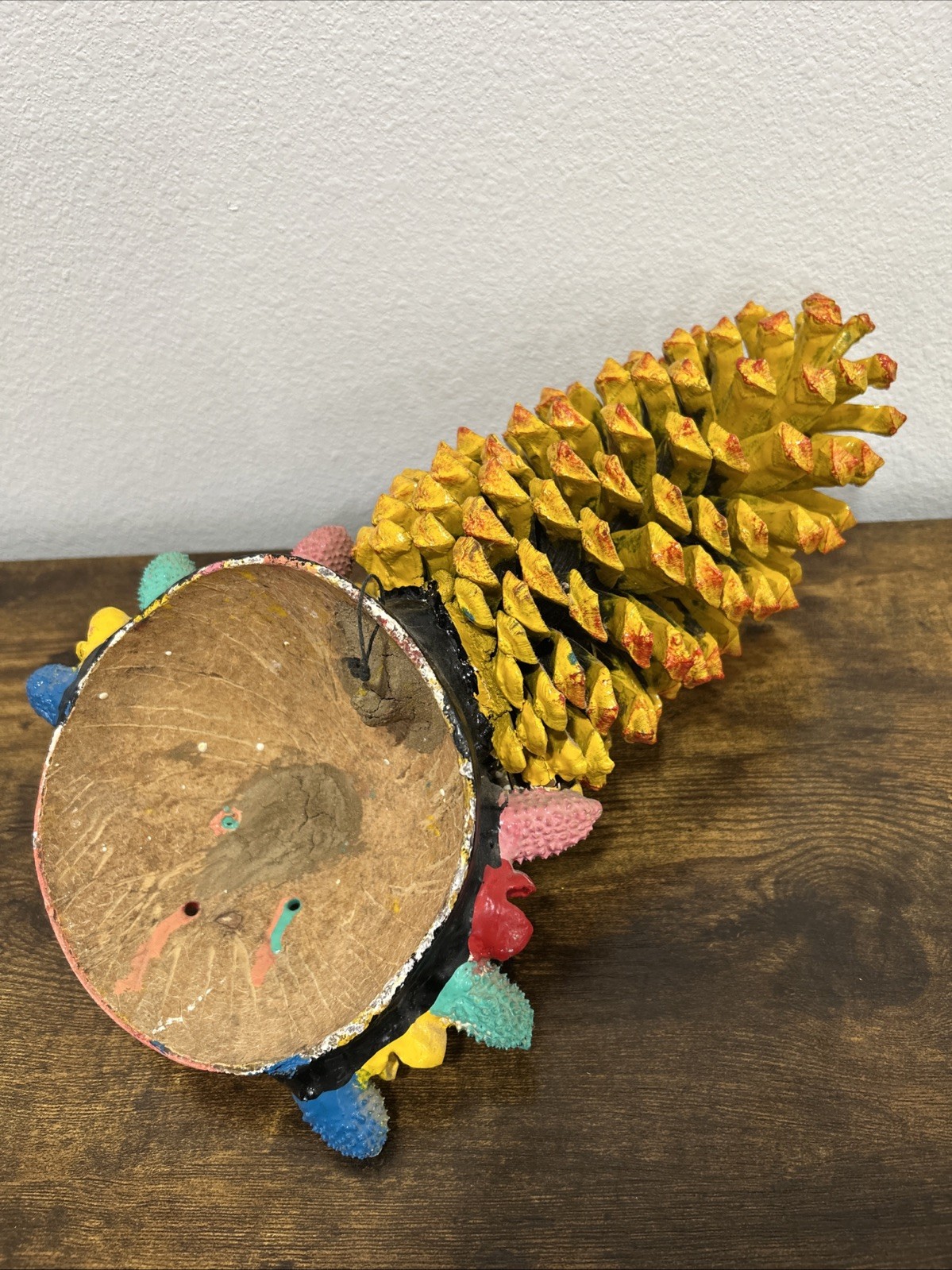 Rare Vintage Mexican Folk Art Coconut Mask With Cactus Seedpod Braids & Pinecone