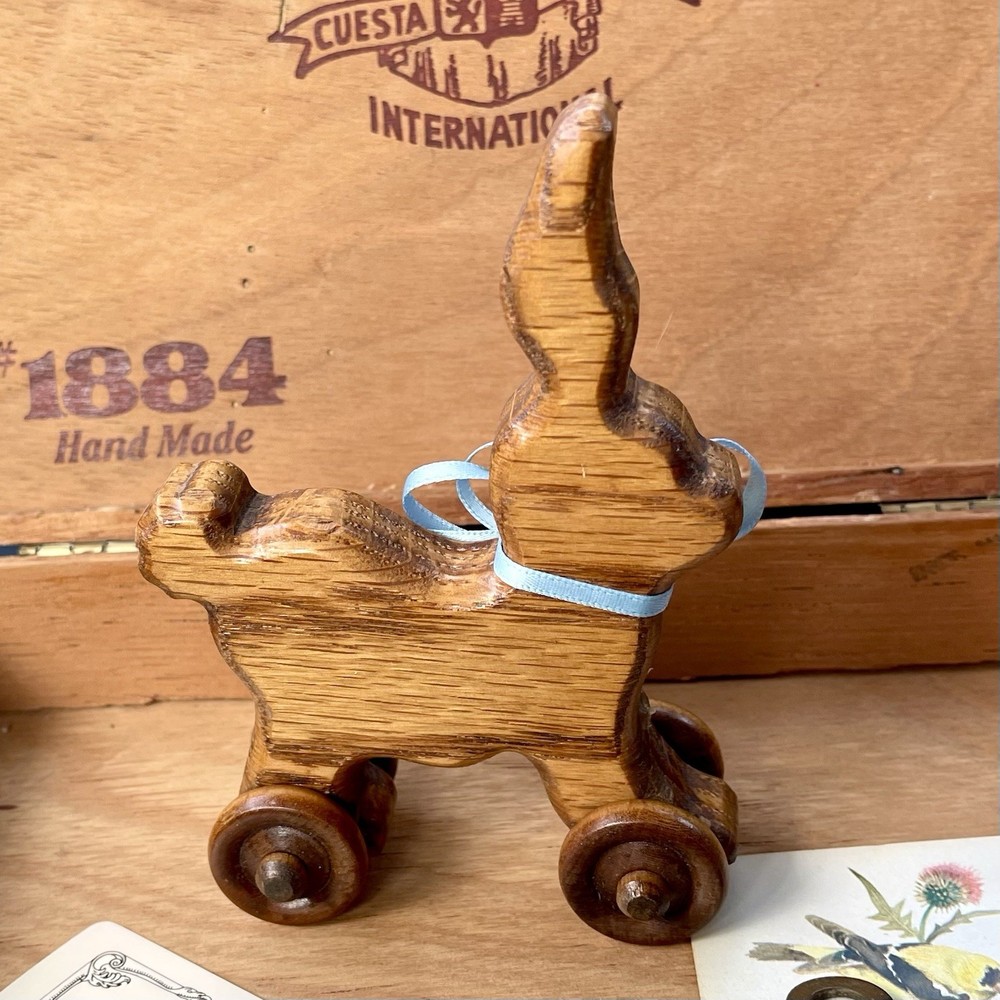 Vintage Wooden Bunny Rabbit Rolling Push Toy Missing Pull String Nursery Decor