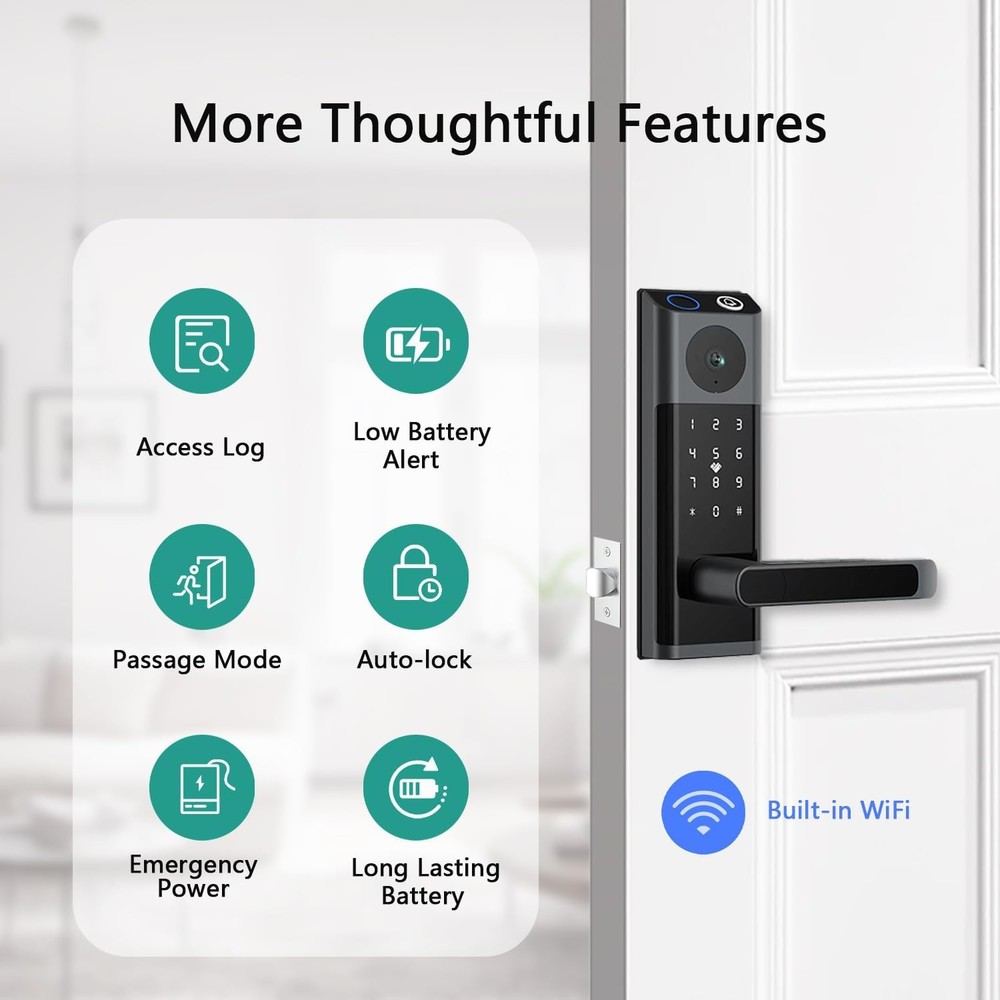 Smart Front Door Lock with Handle + Camera + Doorbell Fingerprint Keyless Lock