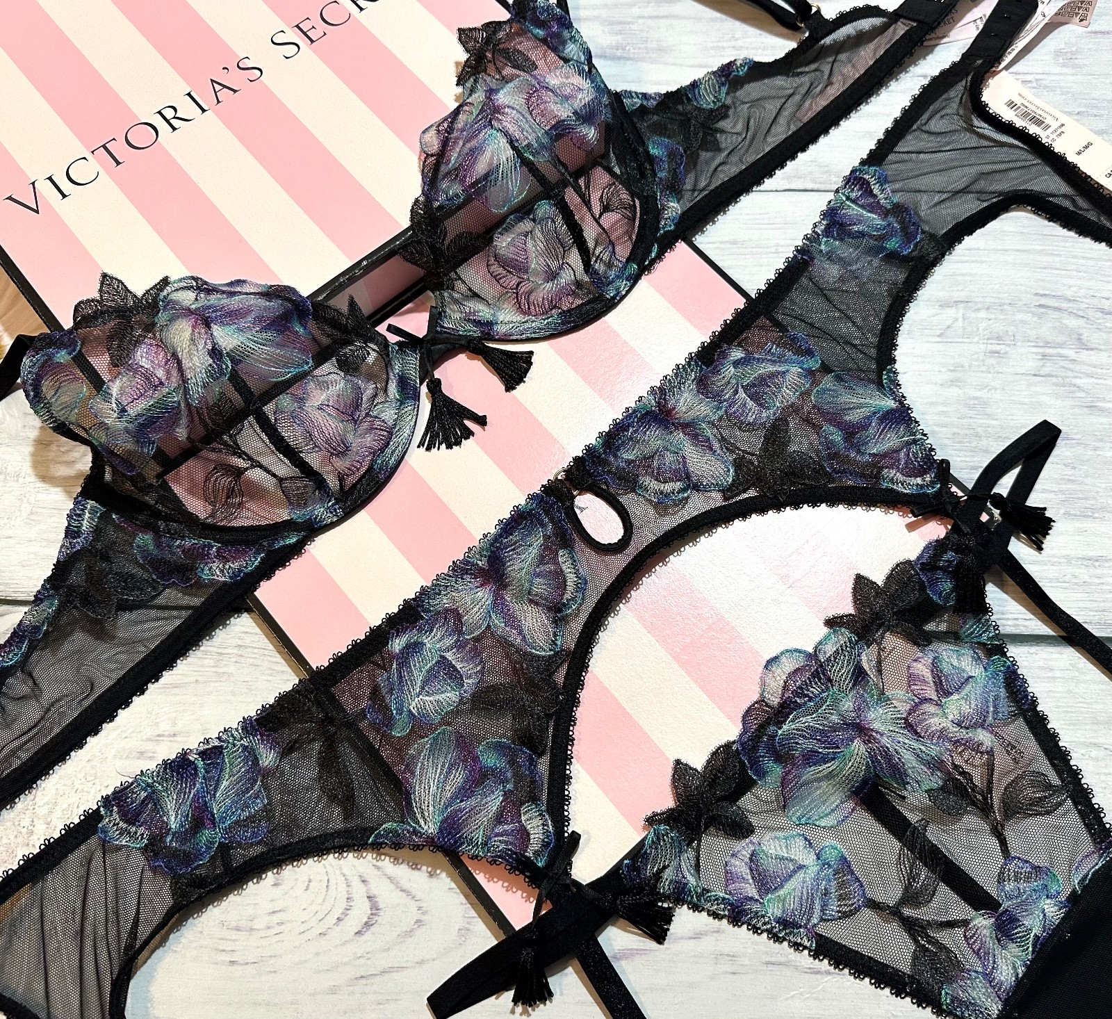 Victoria's Secret Black Electric Orchid Embroidery Unlined Demi Bra Garter Set