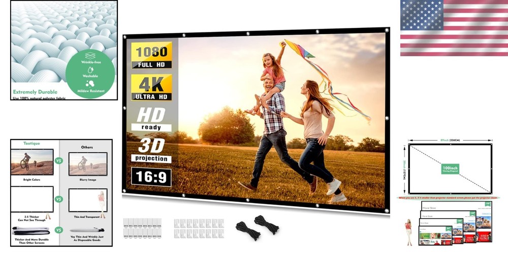 Versatile 100 Inch 4K Projector Screen - Indoor/Outdoor, Double-Sided Projection