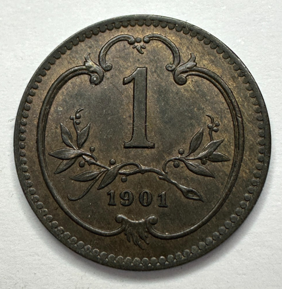 1901 Austria 1 Heller Coin, AU About Uncirculated