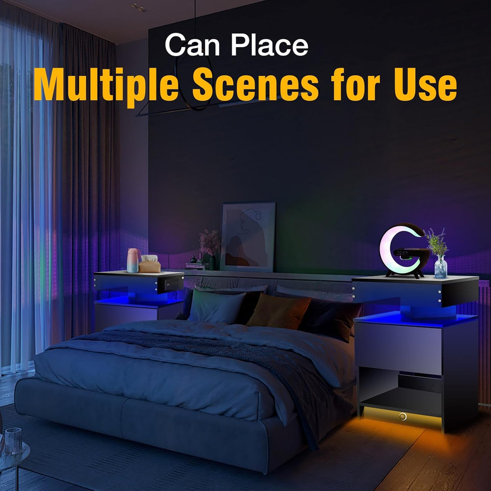 Nightstand with Induction Light & Side Charging Station, Modern Bedside Table wi