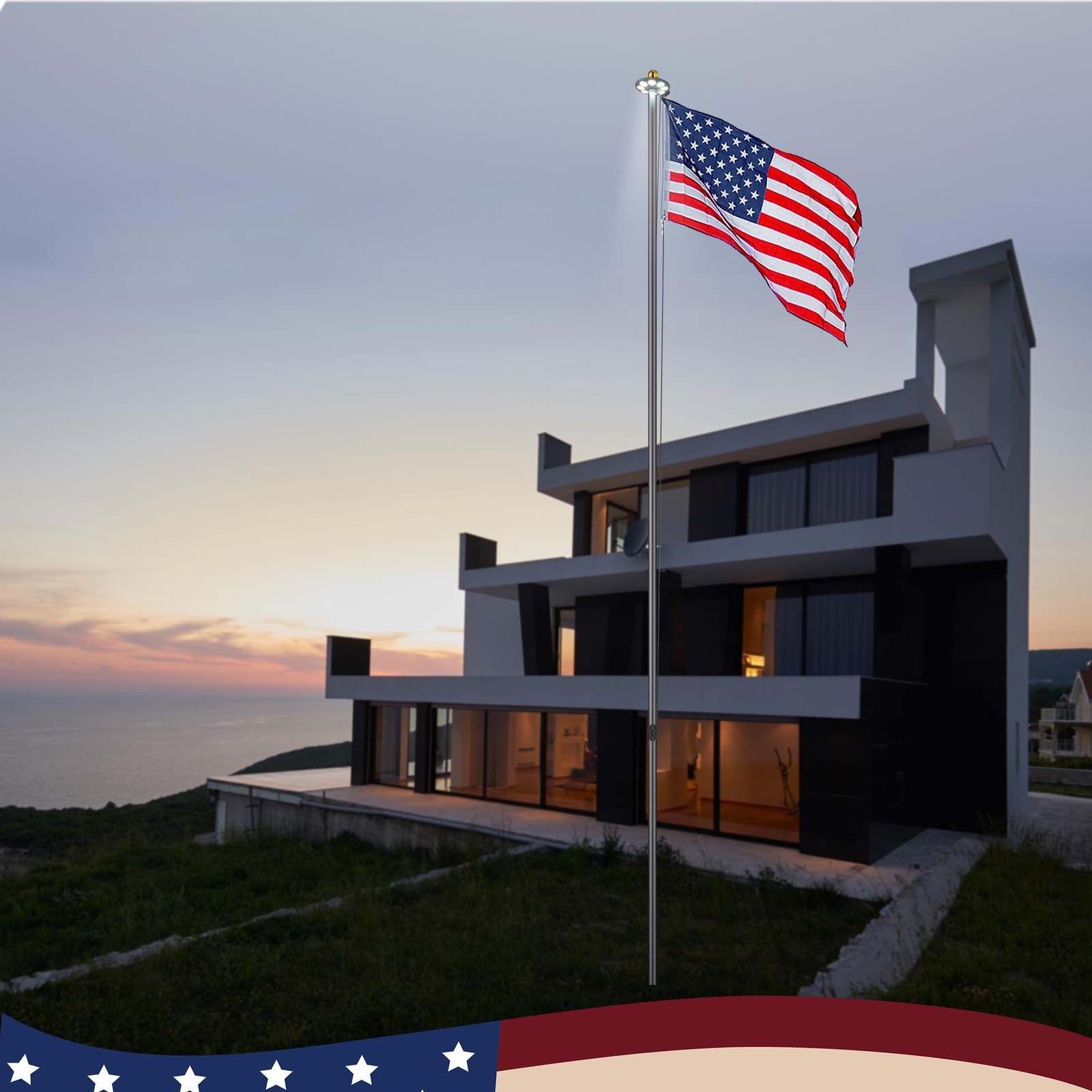 Yescom Bravery 20ft LED Solar Light Sectional Flag Pole Kit Outside Black