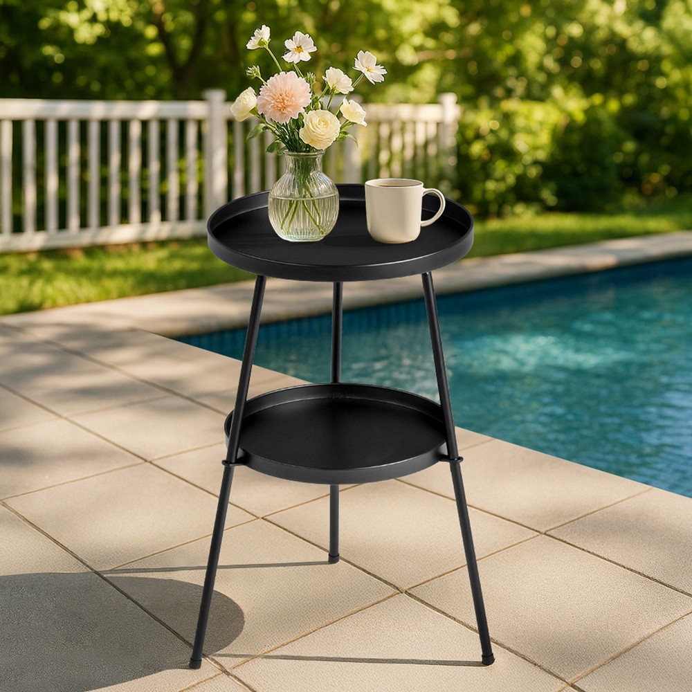 Patio Small Side Table, Round 2 Tier End Table, Metal Round Coffee Table
