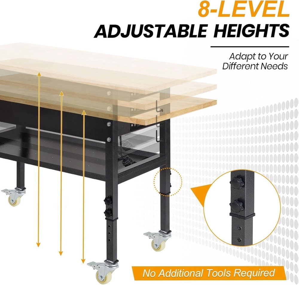 60'' Adjustable Workbench with Power Outlet, Wheels, Partition