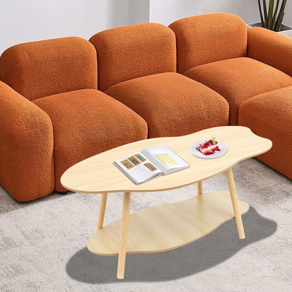 Cloud-shaped Coffee Table Double Layer Center Table for Living Room Light Walnut