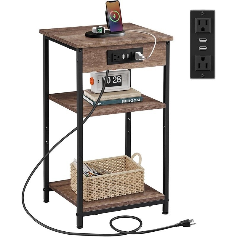 3-Tier Side Table W/ USB & AC Outlets Adjustable Shelf Ideal Small Spaces
