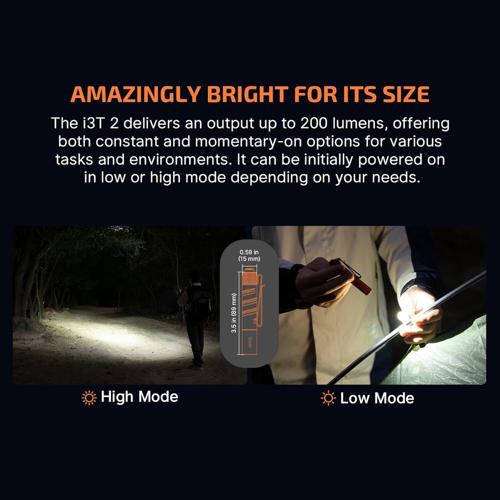 Olight I3T 2 EOS Orange Dual-Output Tail Switch Flashlight, 200/300 Lumens